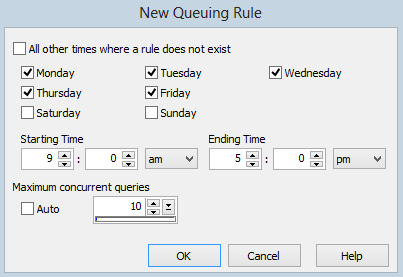 This image shows the New Queuing Rule dialog with various days and times selected.